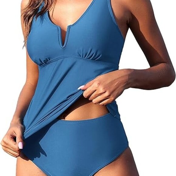 ZAFUL BLUE V-NECK CRISSCROSS BACK HIGH WAIST TANKINI SWIMSUIT SET  SIZE 2XL NWT - Picture 1 of 9